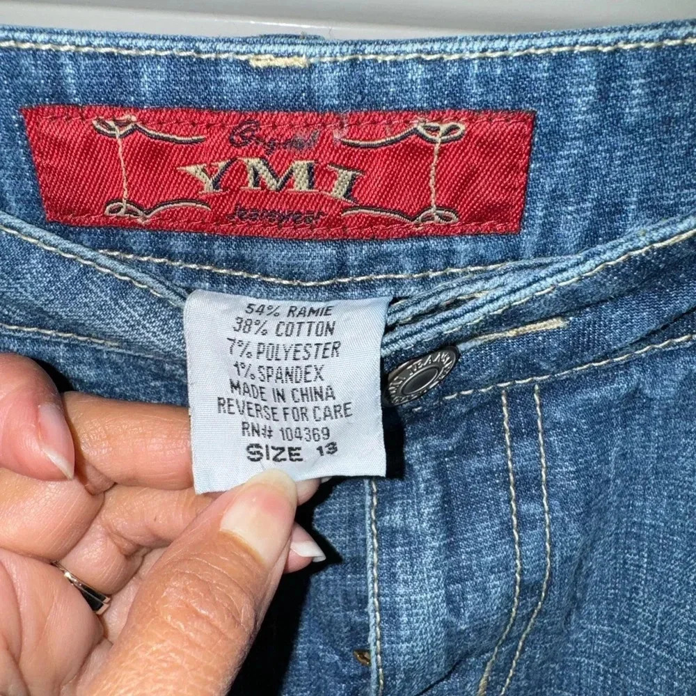 YMI Y2K Mid Length Patched-Frayed Denim Faded Skirt- Juniors Size 13 - Picture 3 of 15
